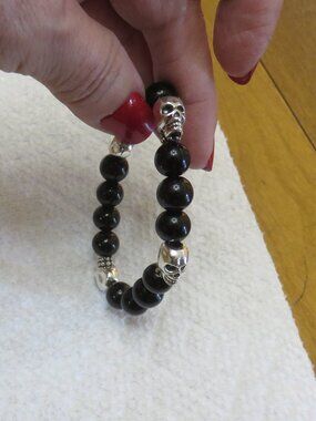 Skull and Black Bead Stretch Bracelet